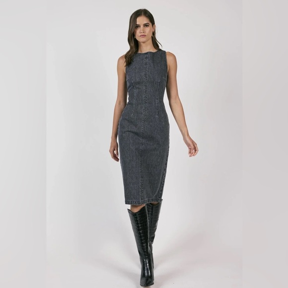 Sage black denim Sheath Midi Dress - Picture 1 of 5